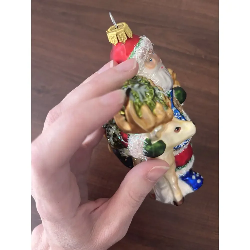 Vintage Glass Christmas Ornament Santa And Deer With Texture Hand Painted